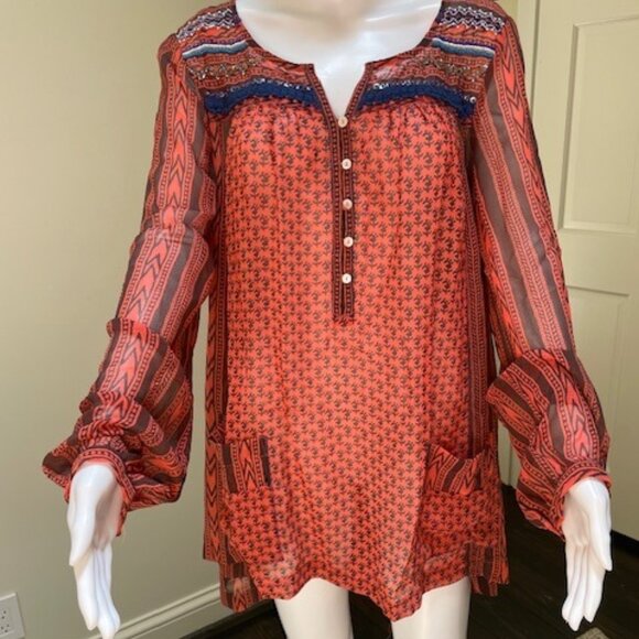 Free People Multi Color Print Sheer Tunic Top Size M - Picture 1 of 3